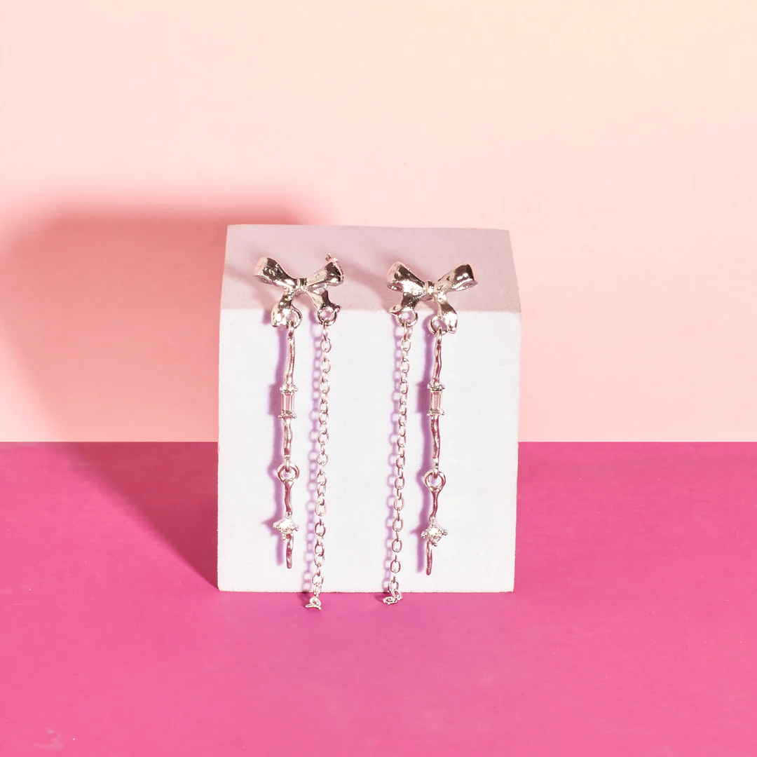 Sparkling Stone Bow Tassel Studs